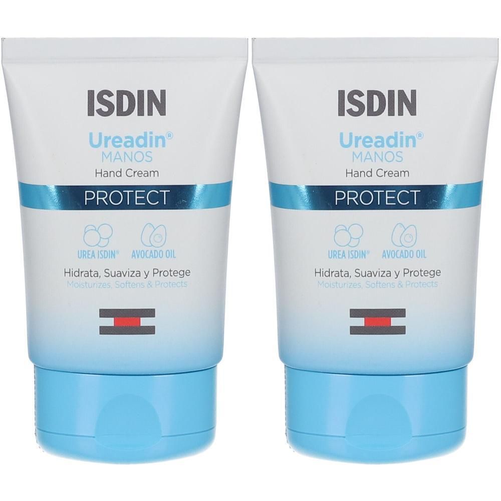 Deux tubes de crème pour les mains ISDIN Ureadin Protect avec bouchon bleu.