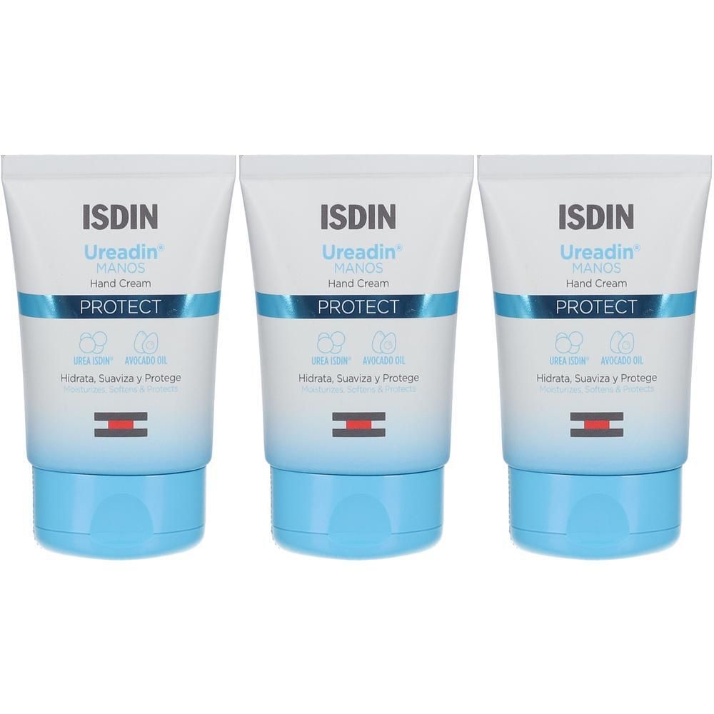 Drie ISDIN Ureadin Protect handcrème tubes met blauwe dop.