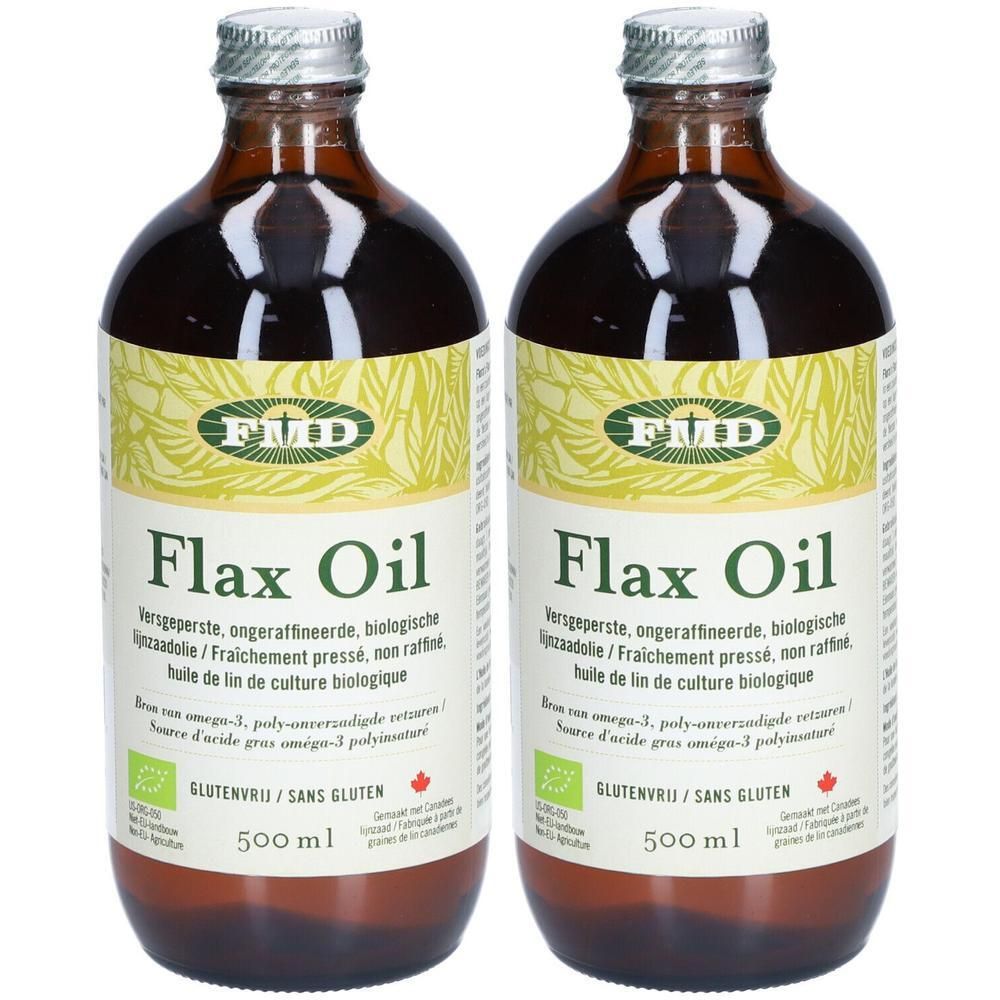 Deux bouteilles d'huile de lin bio FMD, 500 ml chacune. Bouteilles en verre brun avec bouchons argentés.