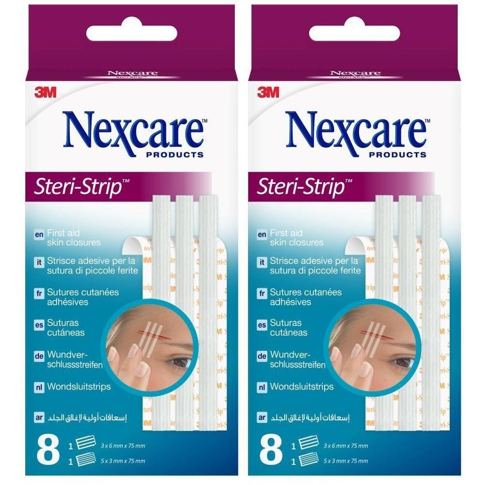 Twee pakken Nexcare Steri-Strip Wondsluitstrips, 8 strips per pak.