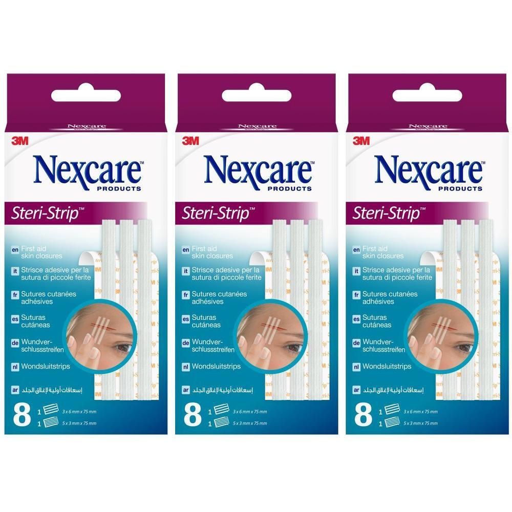 Trois paquets de Steri-Strip Nexcare, chacun contient 8 sutures cutanées.