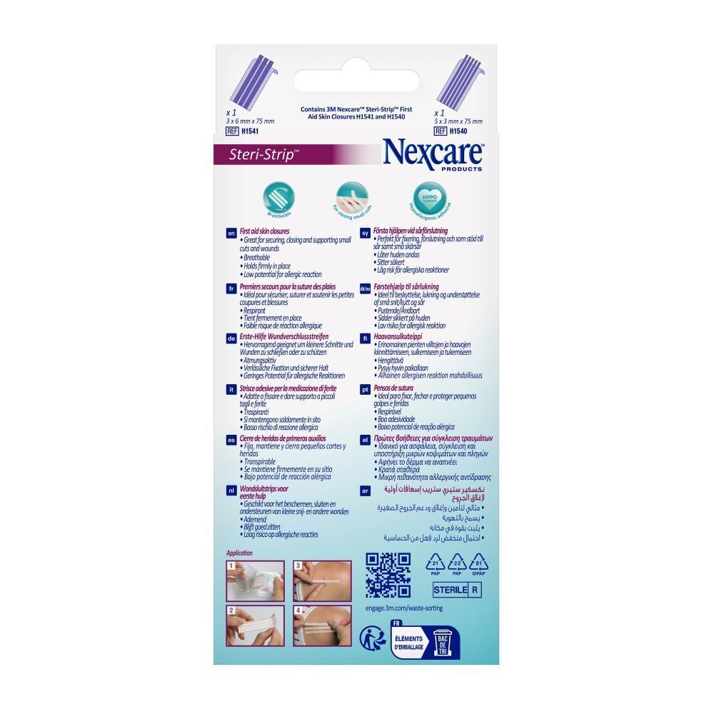 Arrière d'un paquet de Steri-Strip Nexcare avec instructions d'application.