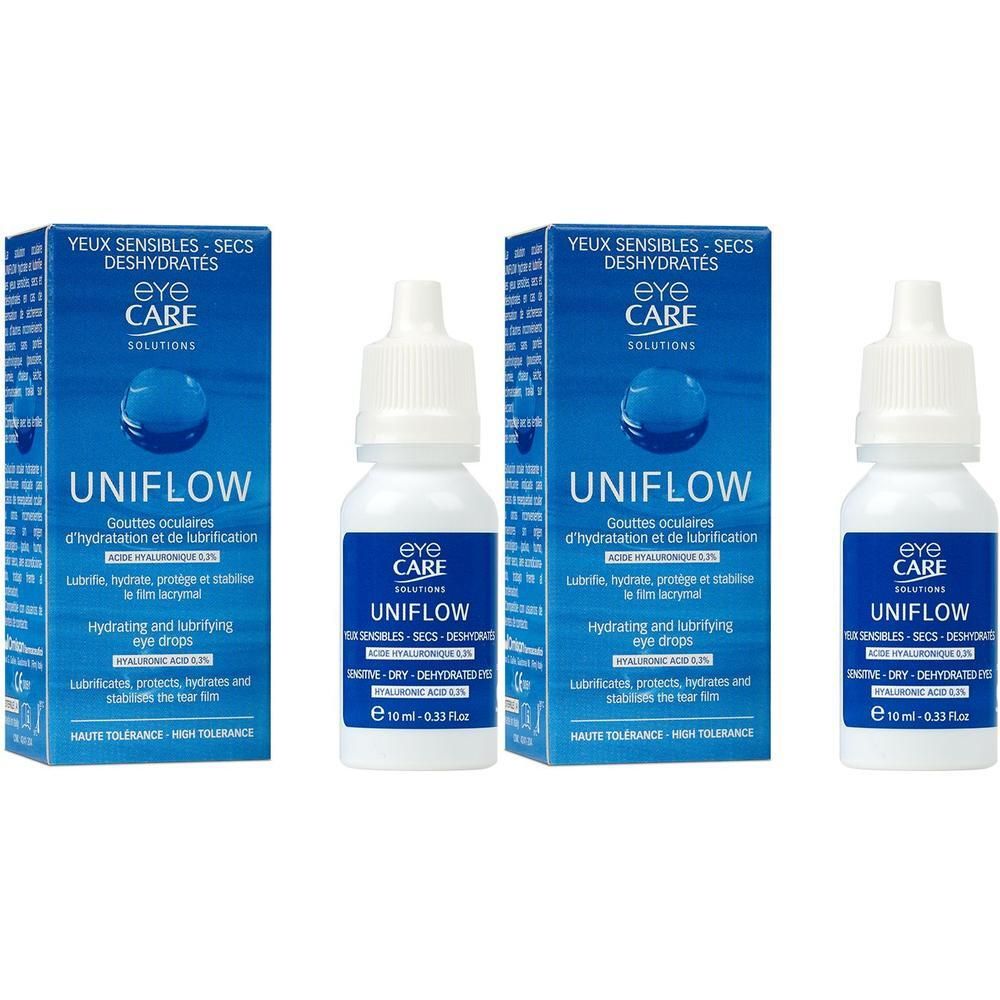 Drie verpakkingen Eye Care Uniflow oogdruppels. Blauwe doosjes en witte druppelflesjes met blauw etiket.