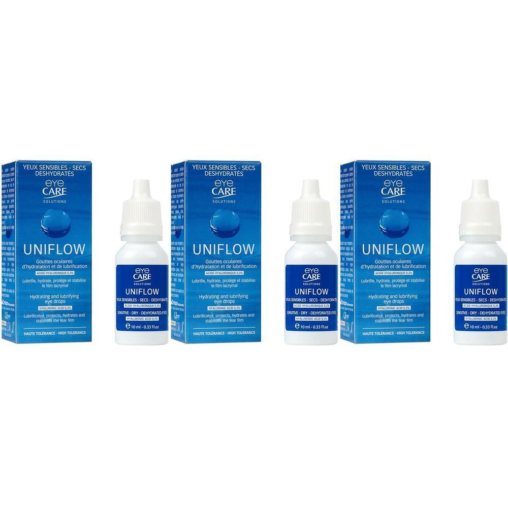 Twee verpakkingen en twee flesjes Eye Care Uniflow oogdruppels.
