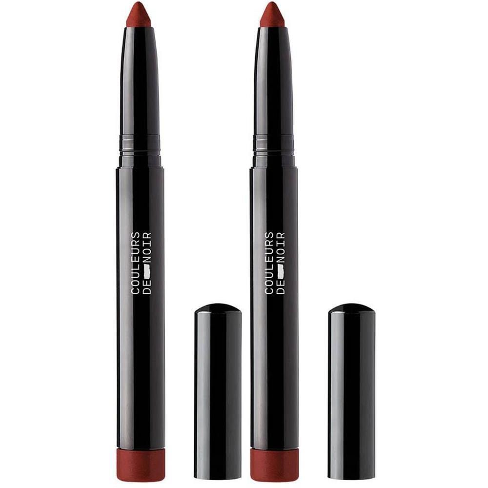 Deux rouges à lèvres noirs avec pointe et capuchon rouges. Marque : COULEURS DE NOIR.