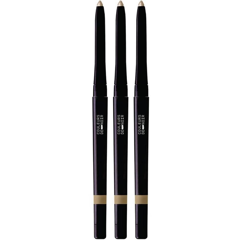 Trois crayons eye-liner noirs avec une marque beige en bas.