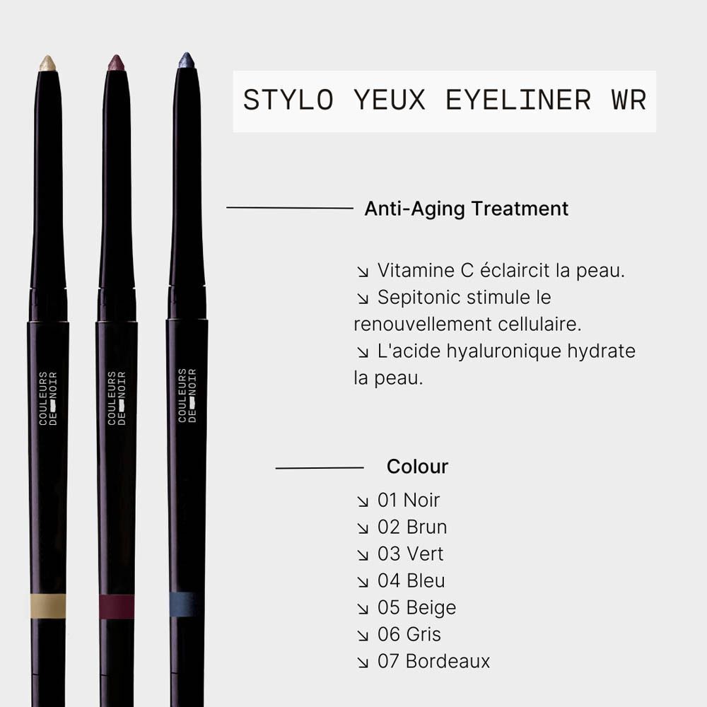 Trois crayons eye-liner noirs avec marquages beige, bordeaux et bleu.