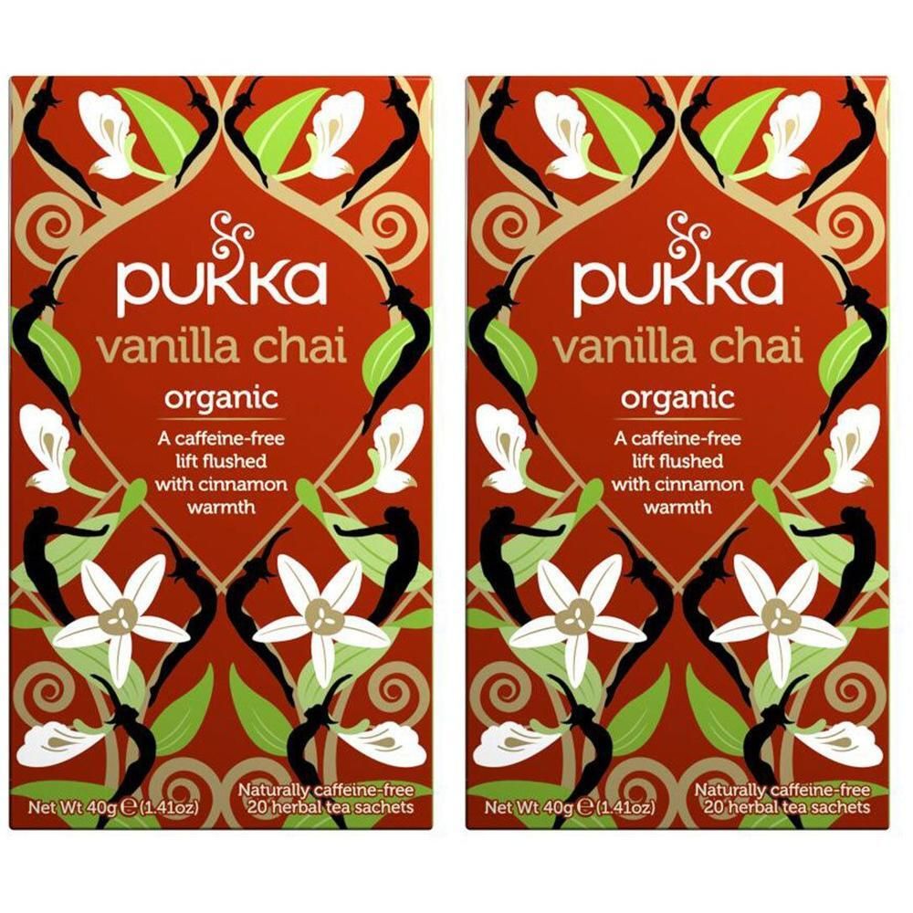 Deux paquets de thé bio Pukka Vanilla Chai, 20 sachets par paquet, sans caféine.