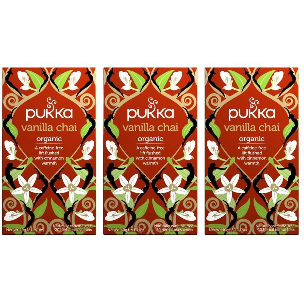 Trois paquets de thé bio Pukka Vanilla Chai à la cannelle et à la vanille.