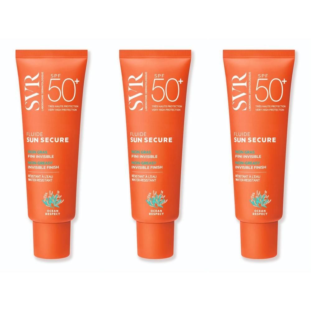 Drie oranje tubes SVR Sun Secure Fluide SPF50+ zonnebrandcrème.