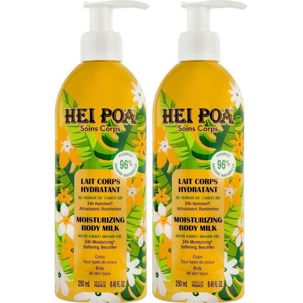 Deux flacons de Lait Corps Hydratant Hei Poa au Monoï de Tahiti AO.
