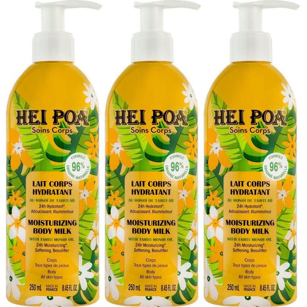 Drie flessen Hei Poa Hydraterende Body Milk met Monoï de Tahiti AO.