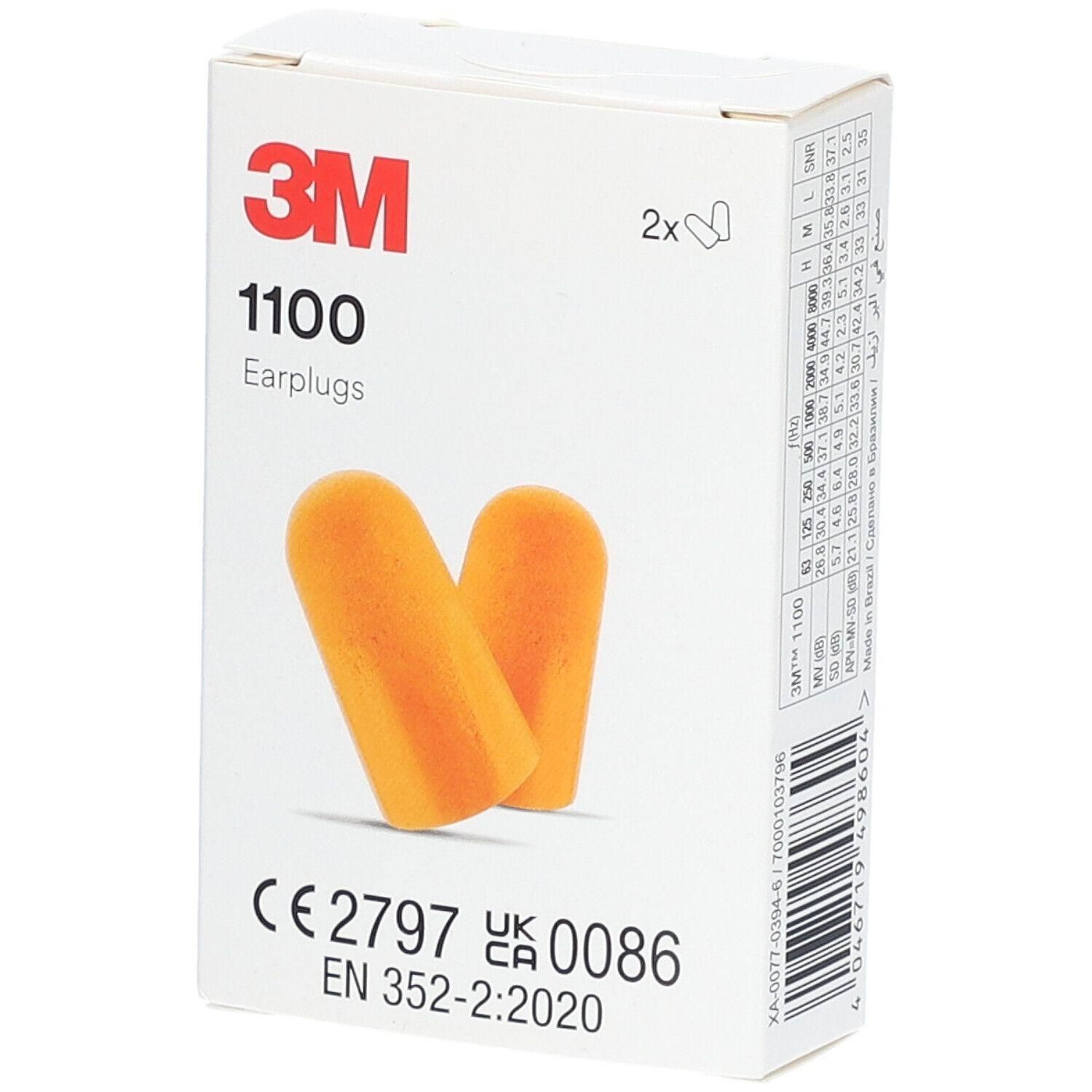 Boîte de deux bouchons d'oreilles en mousse orange. 3M 1100 Earplugs.