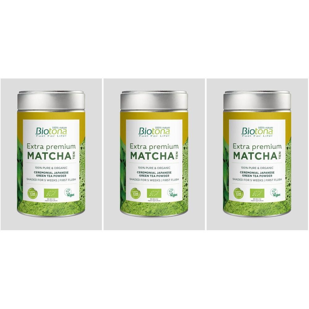 Trois boîtes de Biotona Extra Premium Matcha Bio, poudre de thé vert japonais cérémonial.