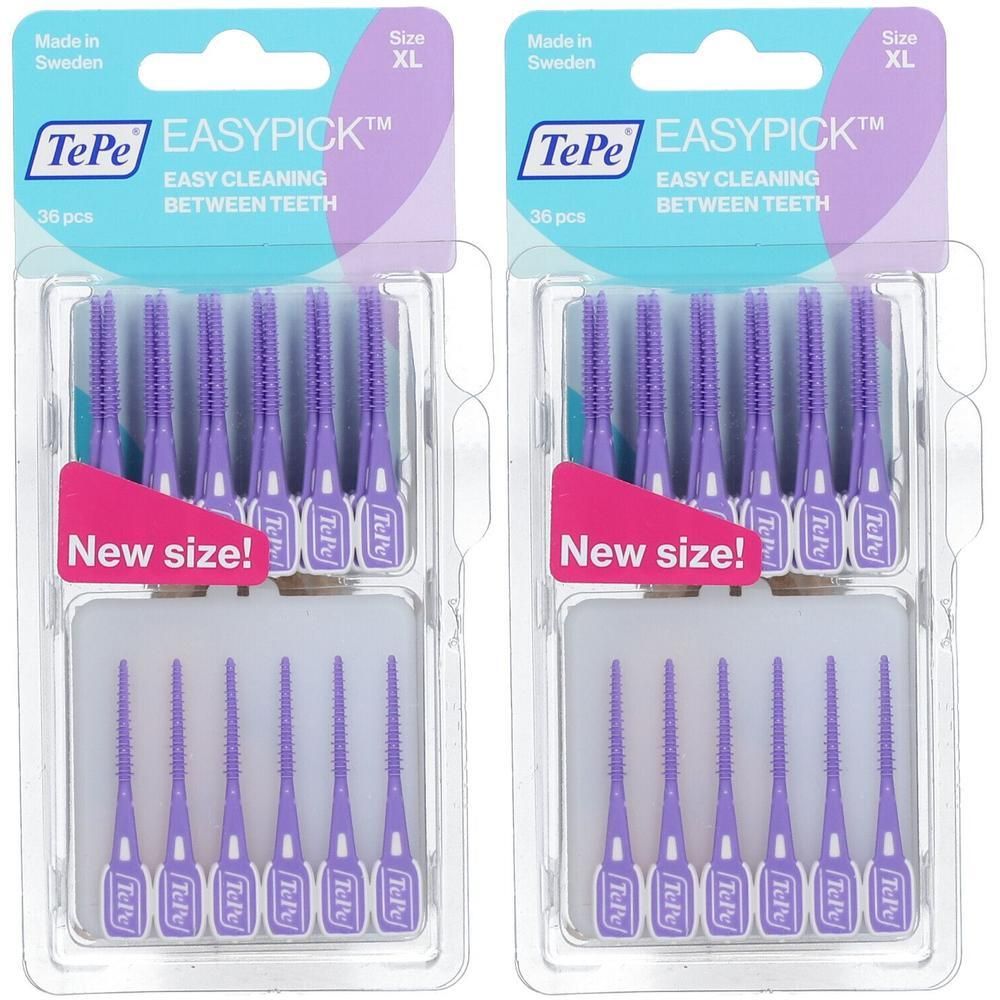 Deux paquets de brossettes interdentaires TePe EasyPick, taille XL, 36 pièces par paquet.