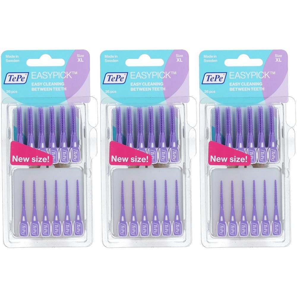 Trois paquets de brossettes interdentaires TePe EasyPick XL violettes. Chaque paquet contient 36 pièces.