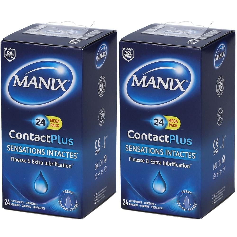 Twee pakken Manix ContactPlus condooms, 24 per pak. Met extra glijmiddel.