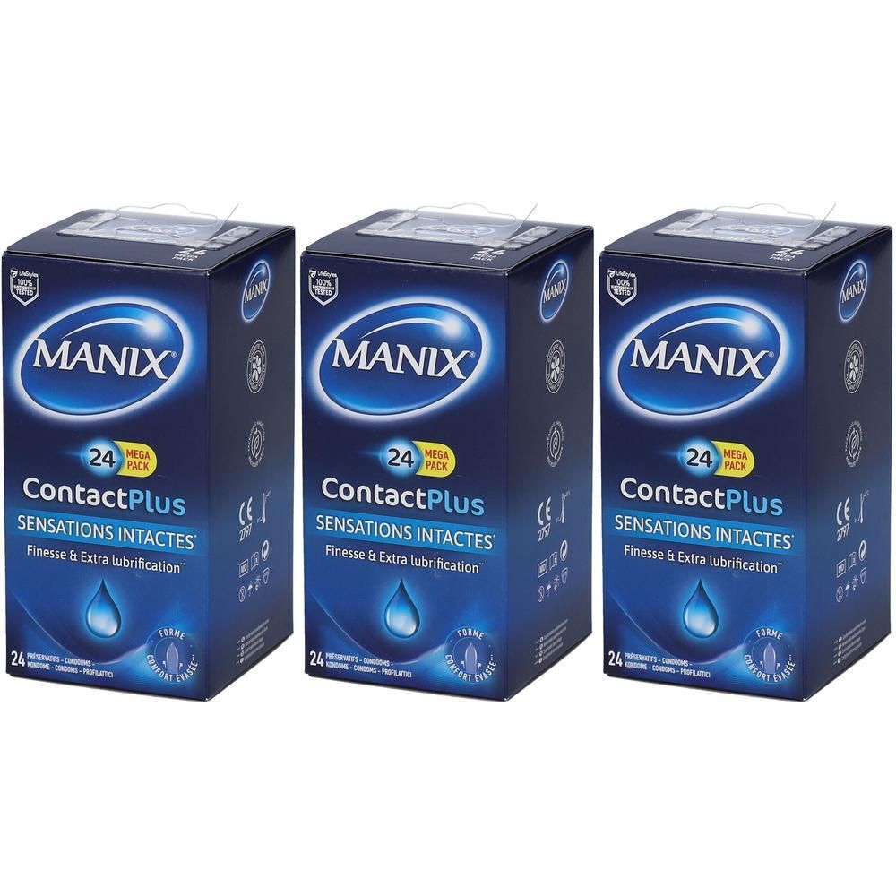 Trois boîtes de préservatifs Manix ContactPlus, 24 unités par boîte, avec lubrification supplémentaire.