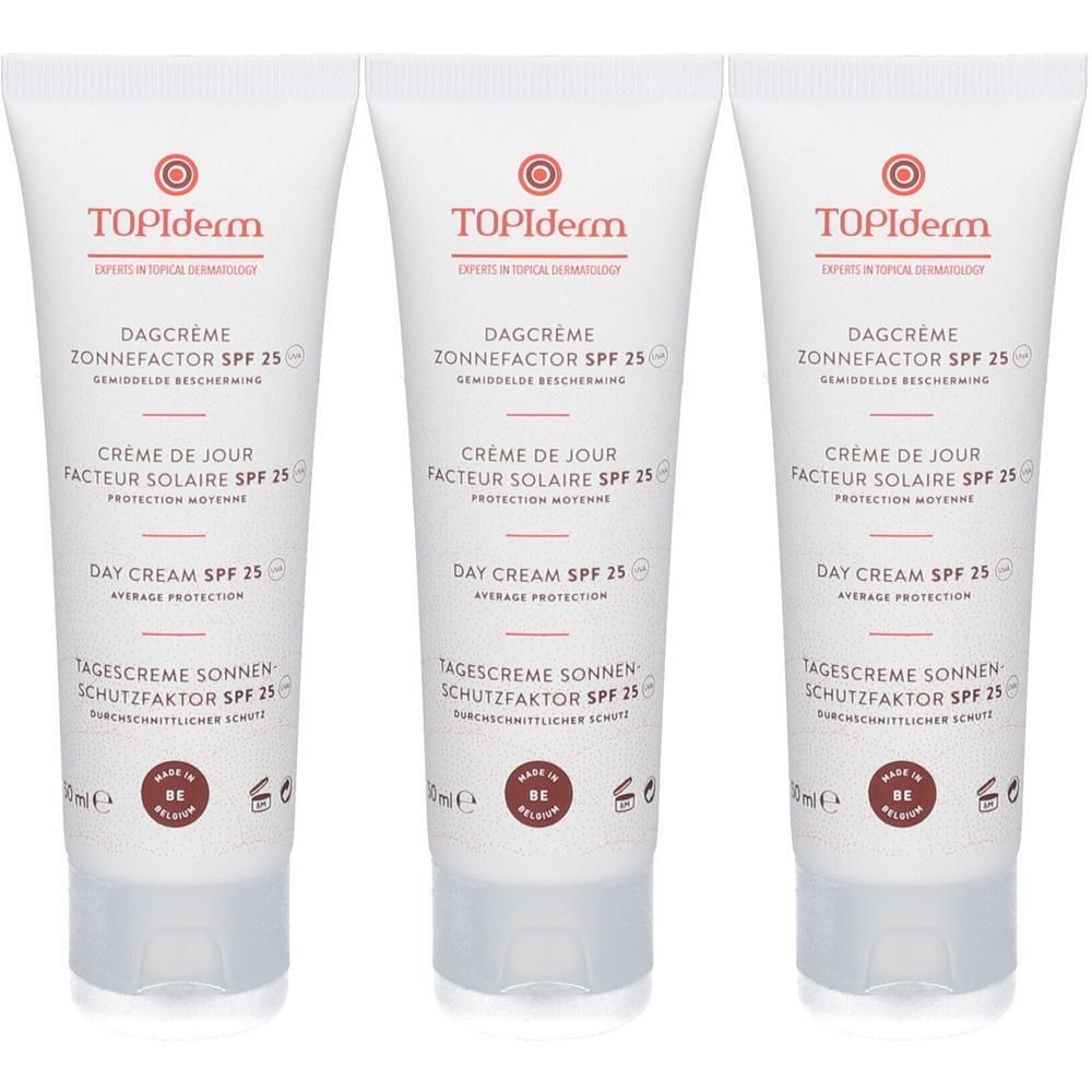 Trois tubes de crème de jour Topiderm avec FPS 25.