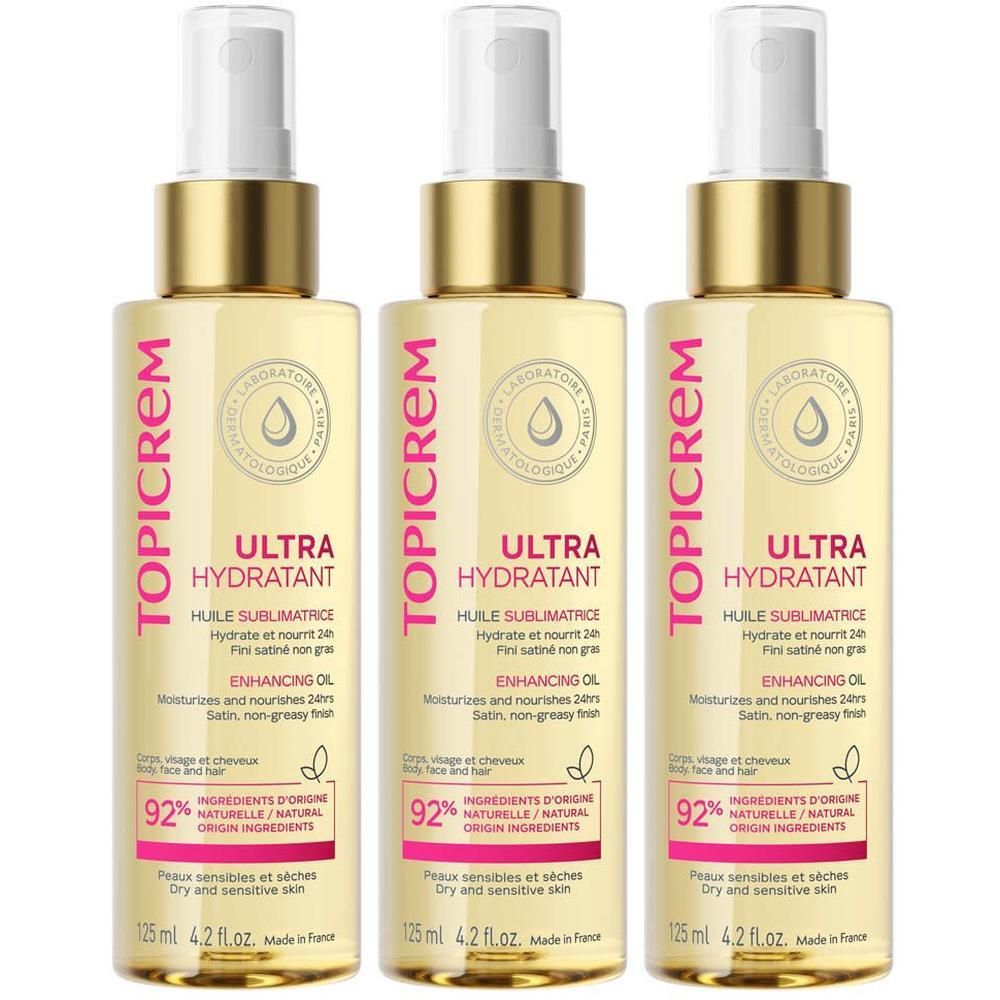 Drie flacons Topicrem Ultra Hydratant olie met spray. Voor lichaam, gezicht en haar.