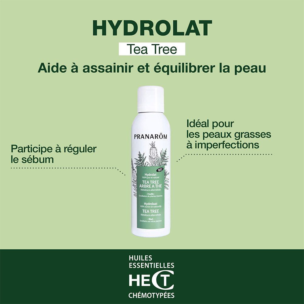 Flacon de Pranarôm Hydrolat Arbre à Thé Bio en spray, avec texte sur les soins de la peau.