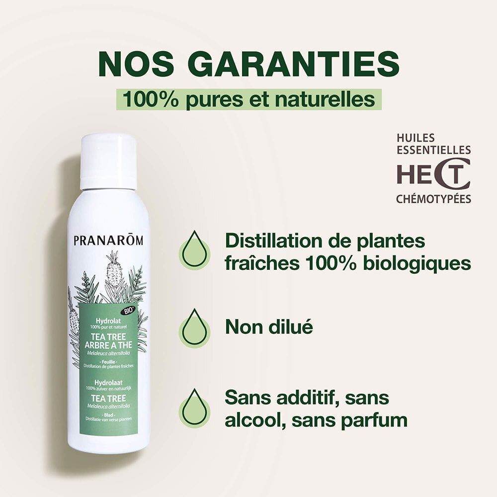 Flacon de Pranarôm Hydrolat Arbre à Thé Bio en spray, avec labels de garantie.