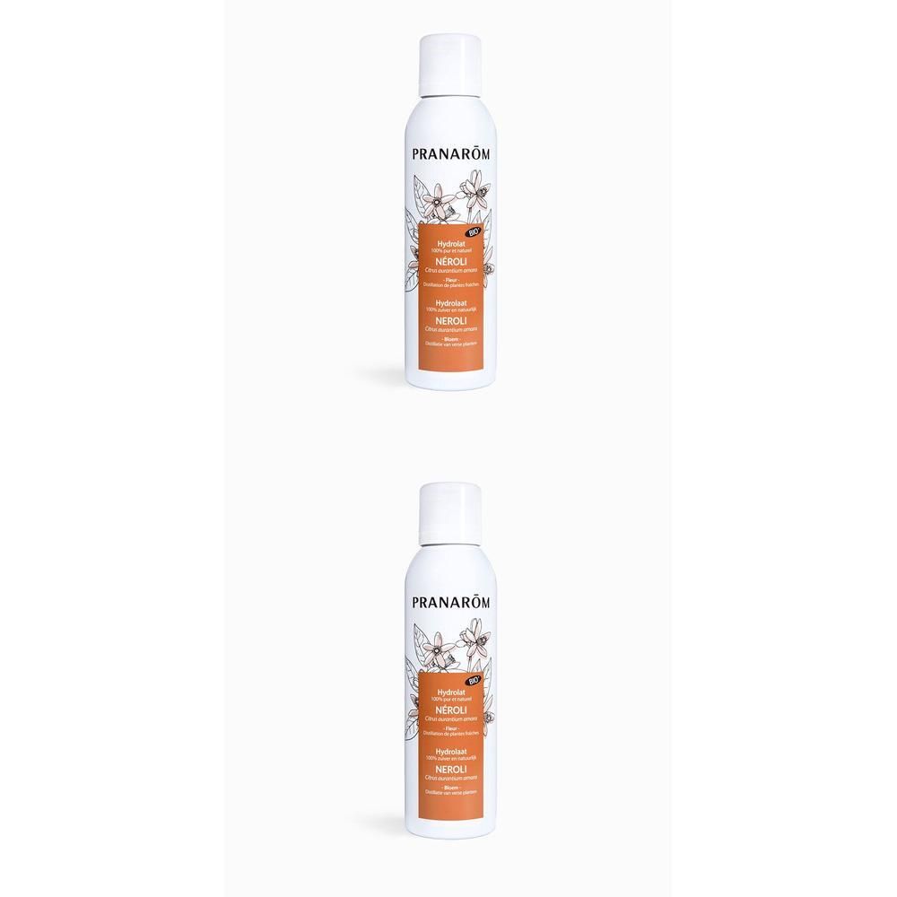 Deux flacons de Pranarôm Hydrolat Néroli Bio avec motif fleur d'oranger.