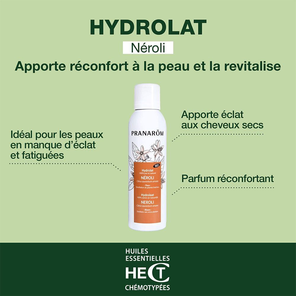 Flacon de Pranarôm Hydrolat Néroli Bio avec texte sur les soins de la peau et des cheveux.