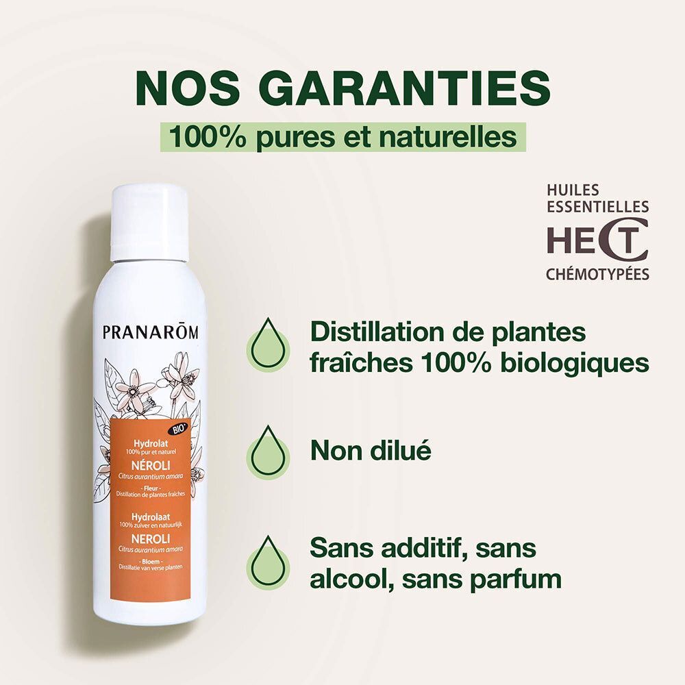Flacon de Pranarôm Hydrolat Néroli Bio avec sceaux de garantie et certification bio.