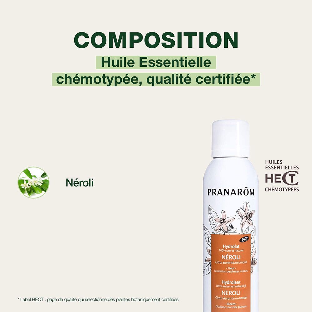 Flacon de Pranarôm Hydrolat Néroli Bio avec sceau HECT et symbole fleur d'oranger.