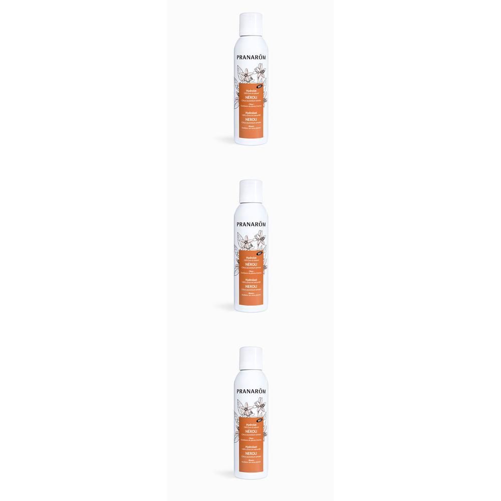 Trois flacons spray Pranarôm Hydrolat Néroli Bio côte à côte.
