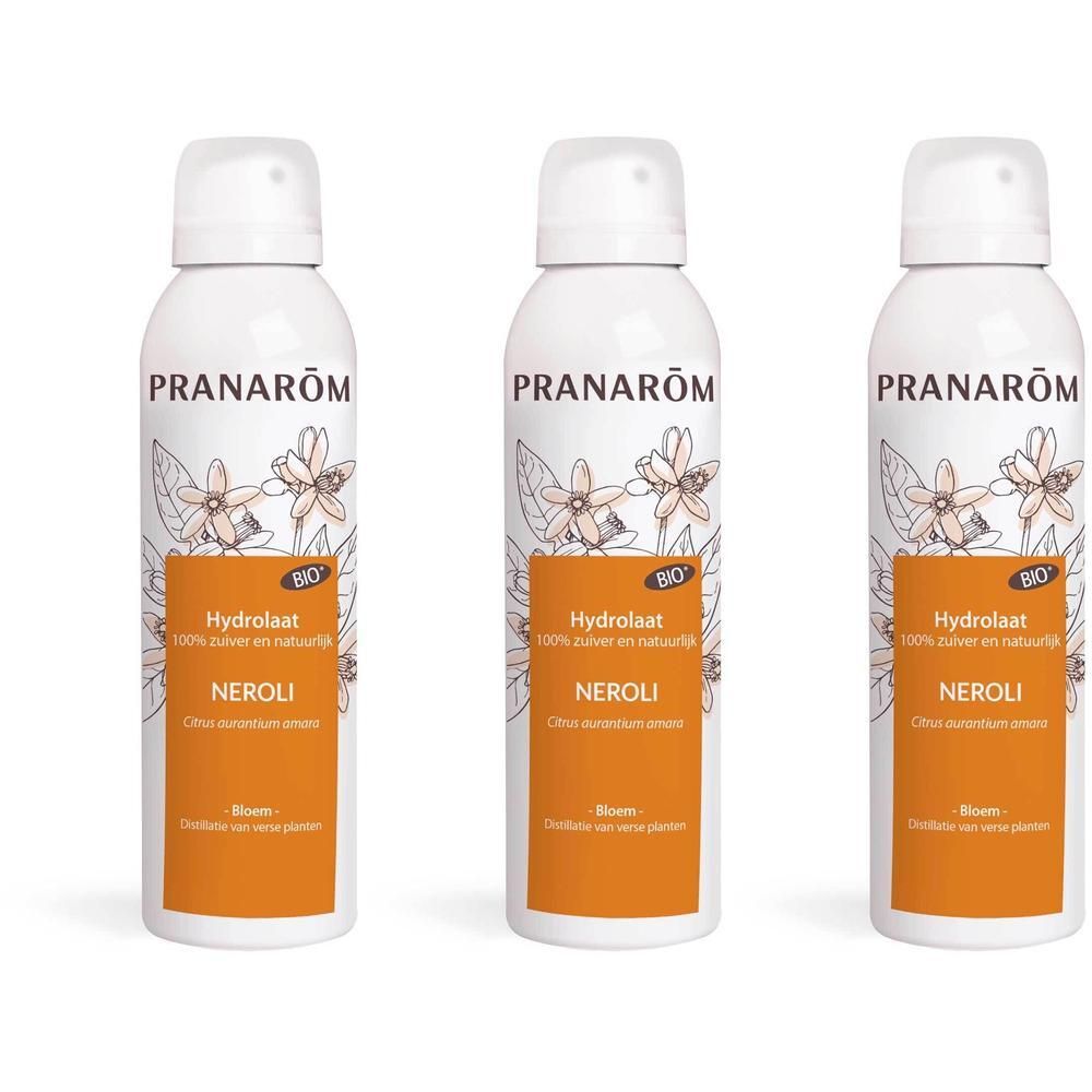 Drie Pranarôm Hydrolat Néroli Bio spuitflessen naast elkaar.