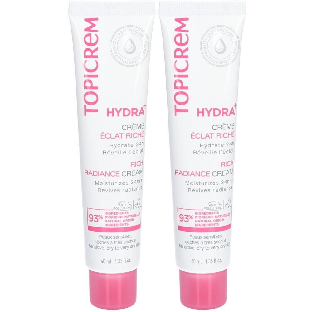 Twee Topicrem Hydra+ Rich Radiance Cream tubes, elk 40 ml.