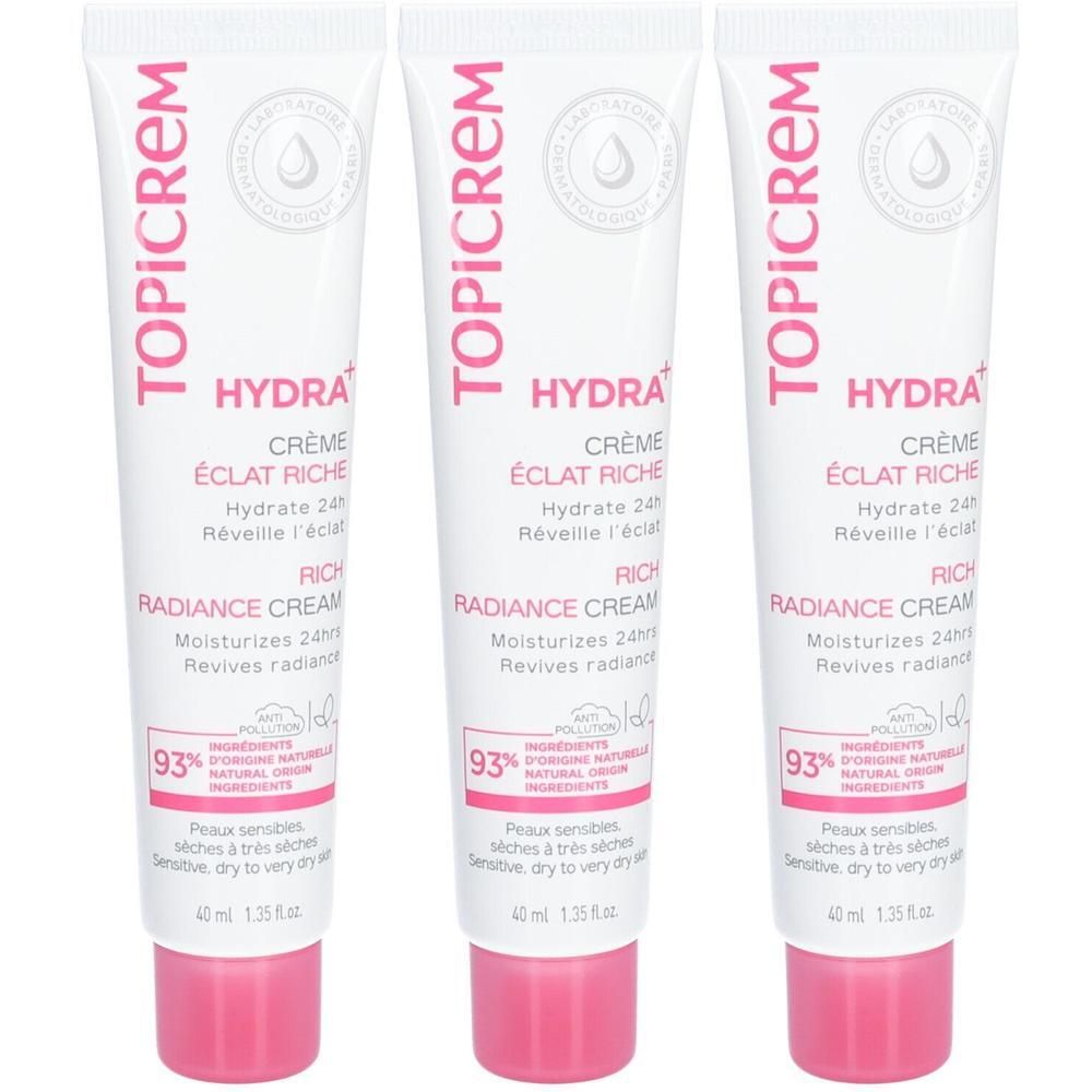 Drie Topicrem Hydra+ hydraterende crèmetubes met roze dop. Elke tube bevat 40 ml.
