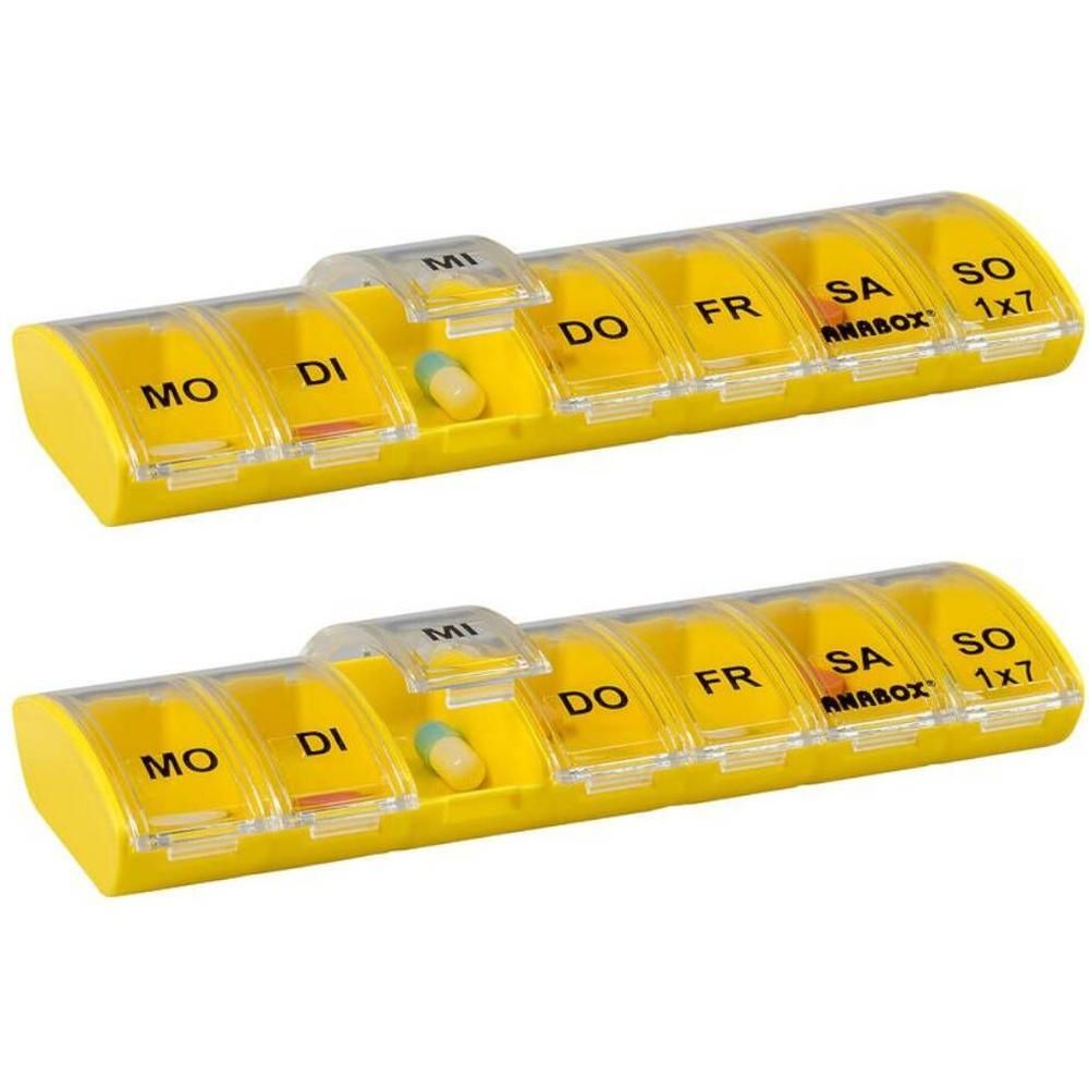 Gele pillendoos voor 7 dagen, met weekdagen en medicijnvakjes.