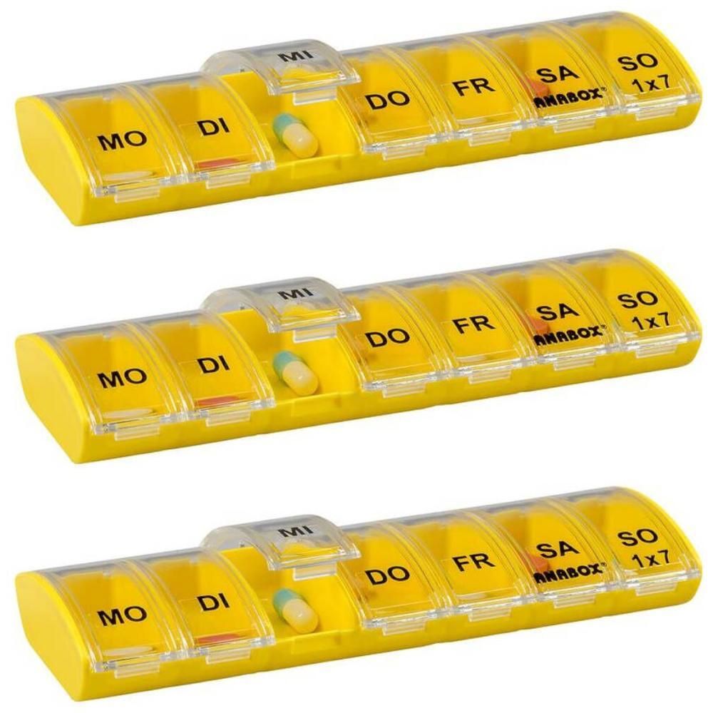 Boîte à pilules jaune pour 7 jours, marquée MO-SO avec logo Anabox. Contient une capsule.