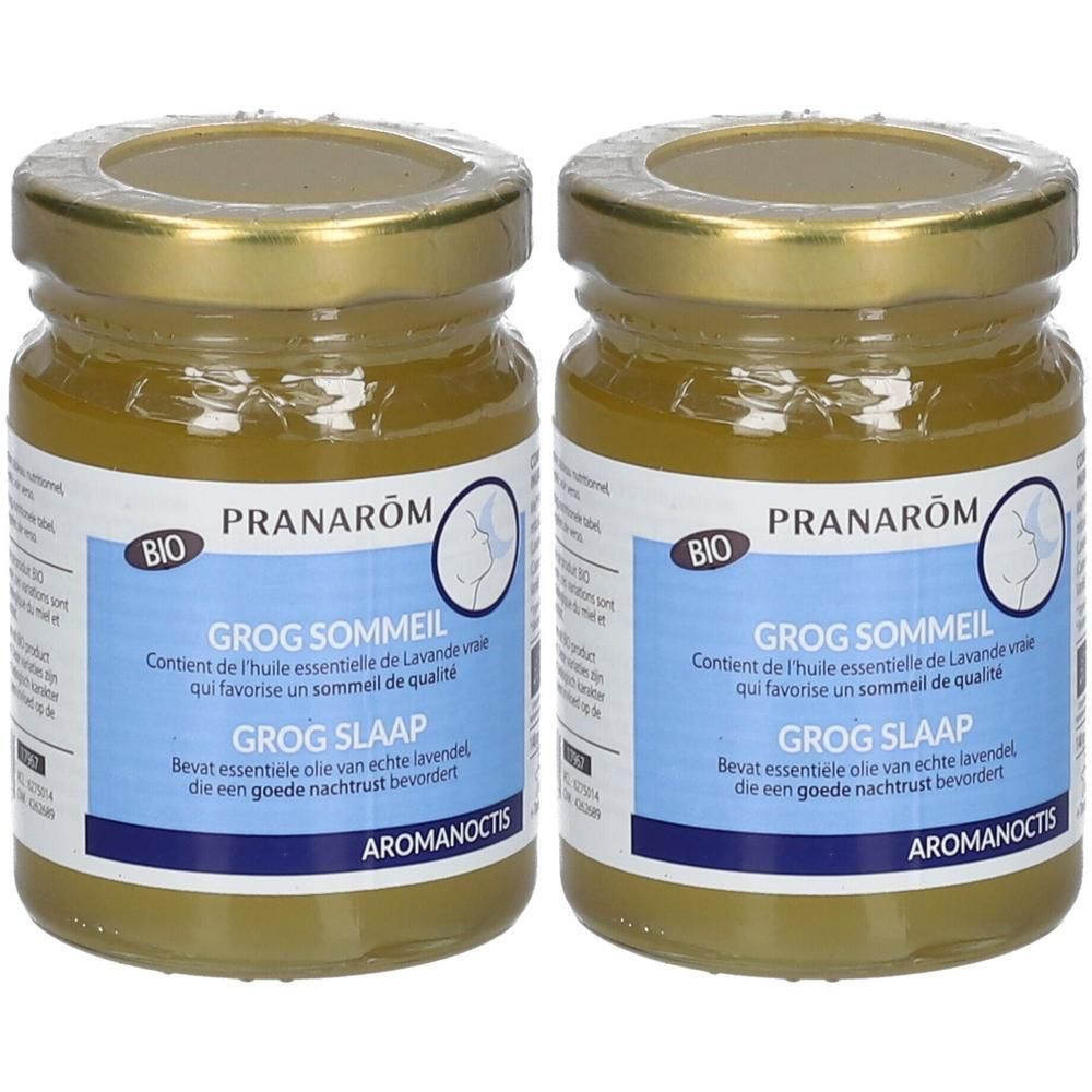 Twee potjes Pranarôm Grog Sommeil Bio met gouden deksels. Het etiket is blauw en wit.