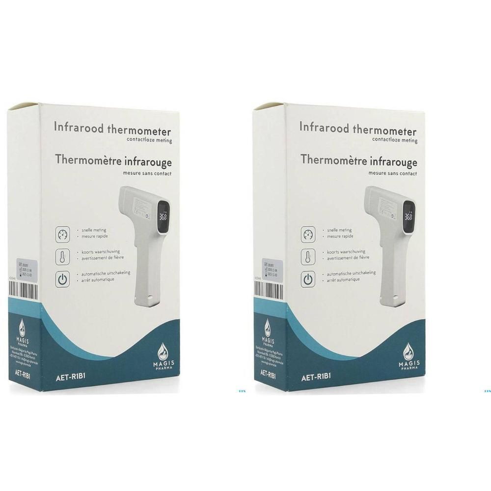 Twee dozen met contactloze infraroodthermometers van Magis Pharma. De thermometer is wit met een digitaal display.