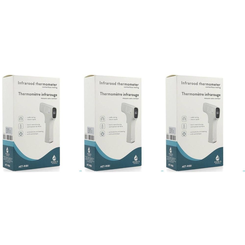 Drie verpakkingen van een contactloze digitale infraroodthermometer.