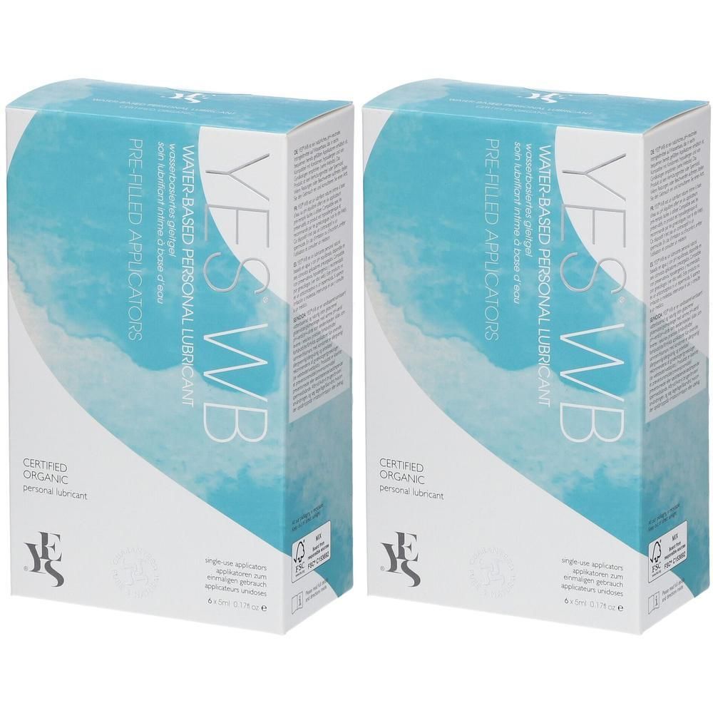 Twee verpakkingen Yes WB watergedragen glijmiddel met voorgevulde applicators. Gecertificeerd biologisch.
