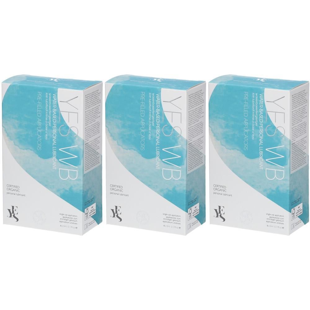 Trois boîtes de lubrifiant à base d'eau Yes WB. Emballage bleu clair et blanc avec texte.