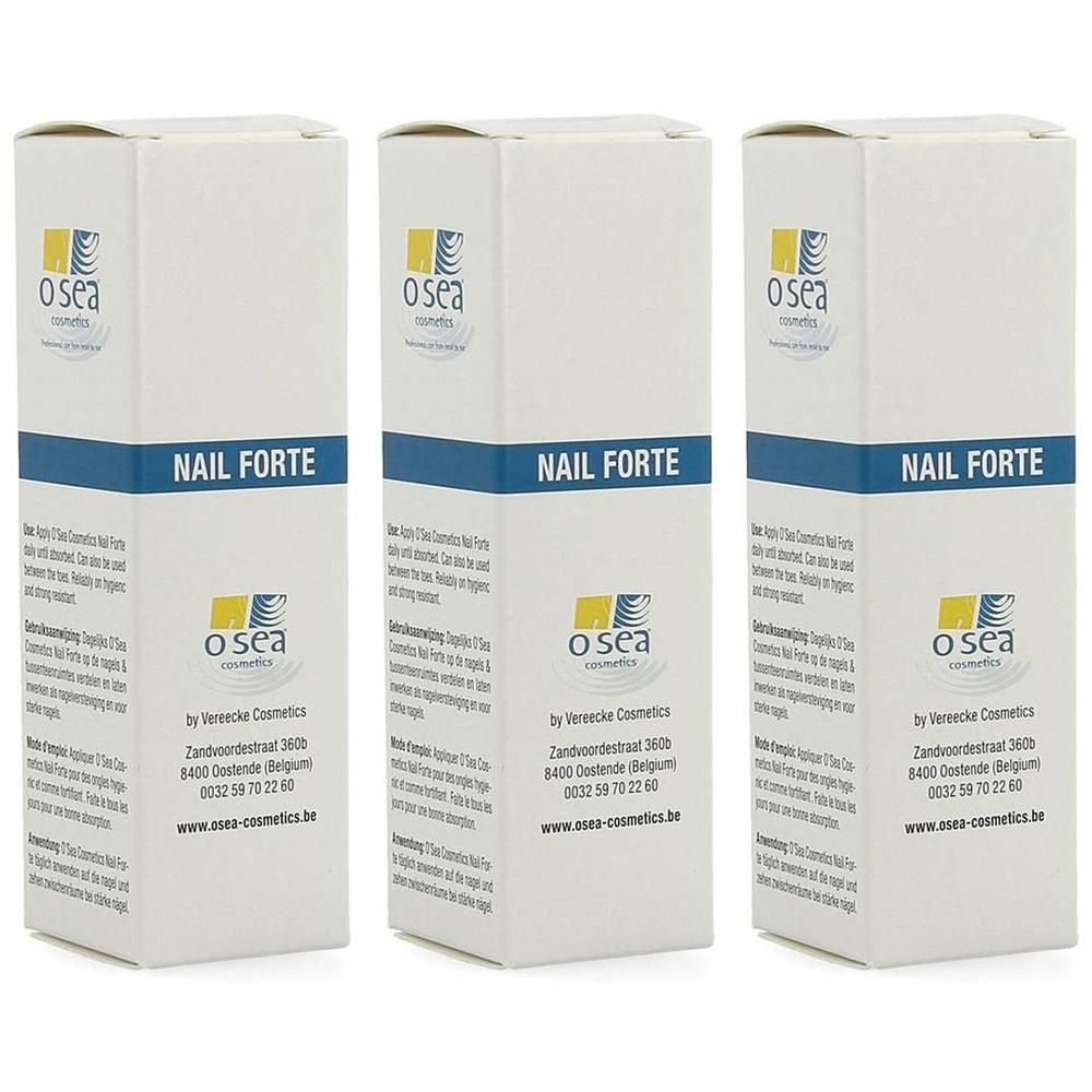 Drie dozen O'sea Cosmetics Nail Forte, witte verpakking met blauwe band en productnaam.