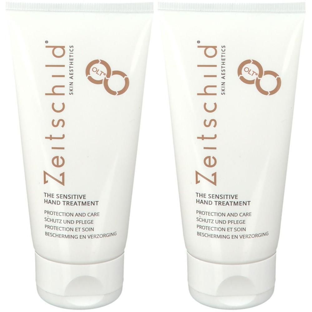 Twee witte tubes Zeitschild Hand Treatment met klapdeksel.