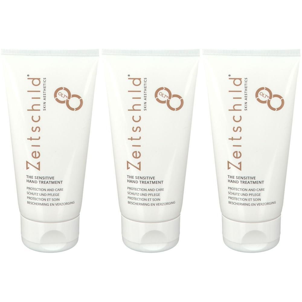 Drie witte tubes met Zeitschild Hand Treatment.