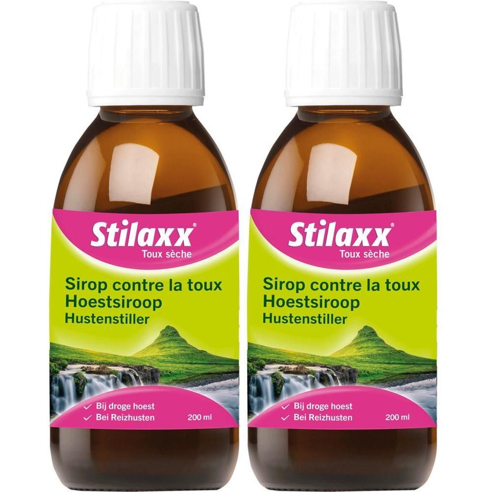 Twee flessen Stilaxx Hoestsiroop voor droge hoest, elk 200 ml.