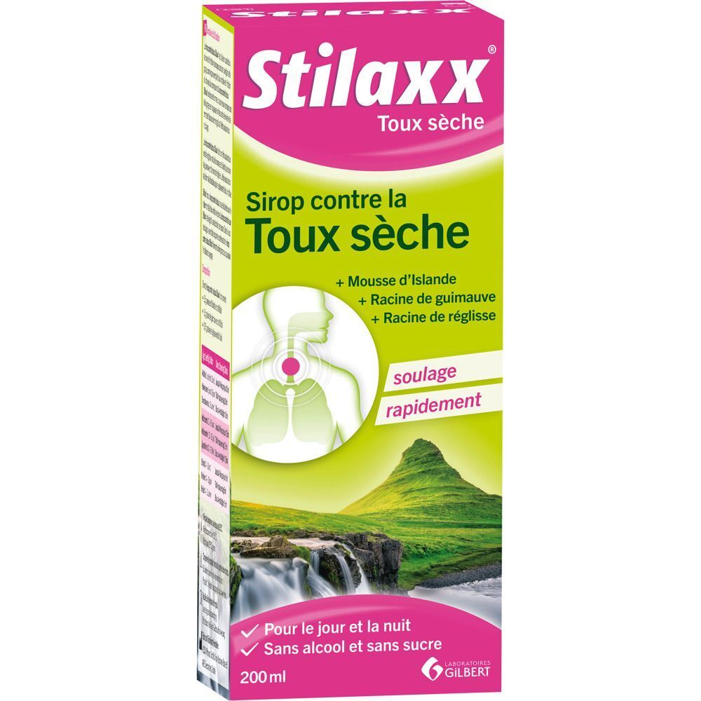Boîte de Stilaxx Sirop contre la Toux Sèche, avec illustration d'une gorge et des poumons.