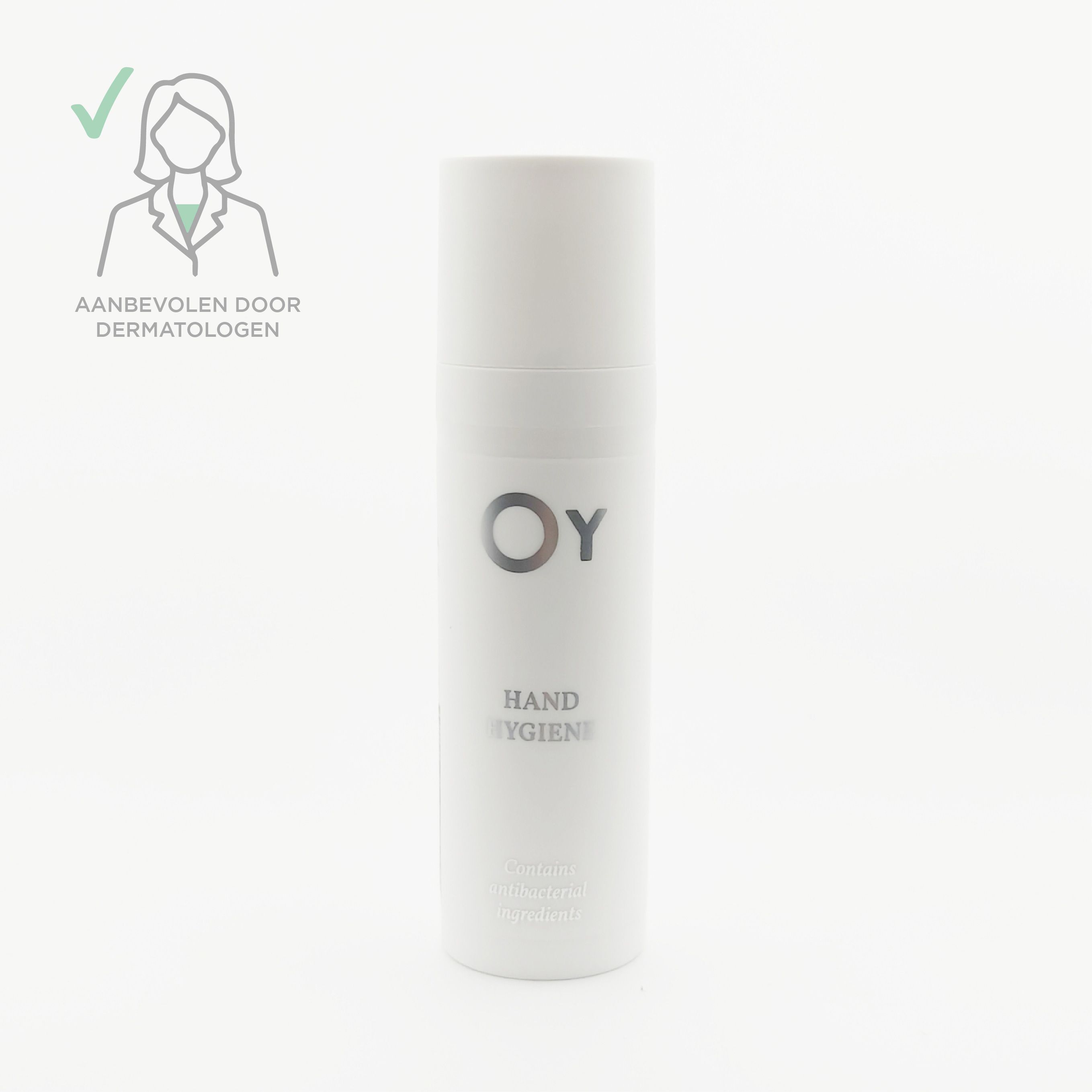Witte dispenserfles met OY-logo en "Hand Hygiene". "Aanbevolen door dermatologen" keurmerk.