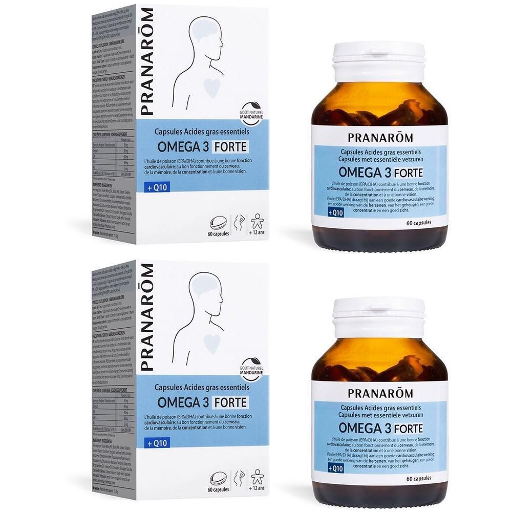 Deux boîtes et flacons de capsules Pranarôm Oméga 3 Forte avec Q10.