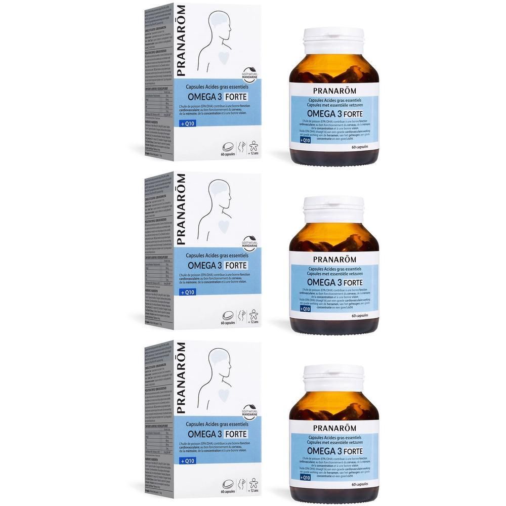 Drie verpakkingen Pranarôm Omega 3 Forte capsules met CoQ10. Elke verpakking bevat een flesje met capsules.