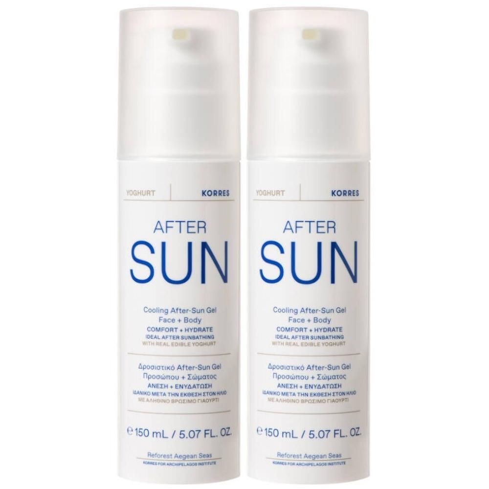Deux flacons de Gel Après-Soleil Rafraîchissant Korres, 150 ml.
